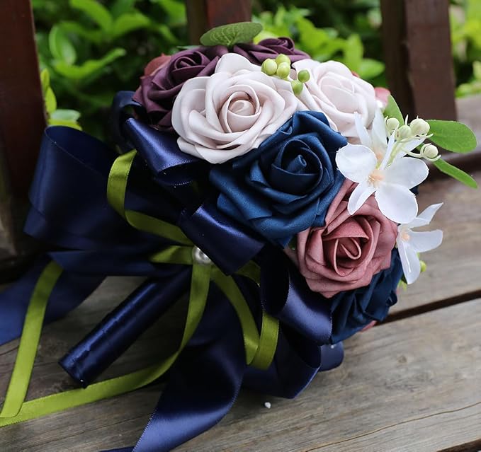 Lightweight Bridal Wedding Bouquet Round Holding Bouquet Throw Toss Artificial Rose Flower Bunch for Bride Bridesmaid Wedding Quinceanera (Navy, Smoky Rose, Light Taro & Dark Puce, 9.1")