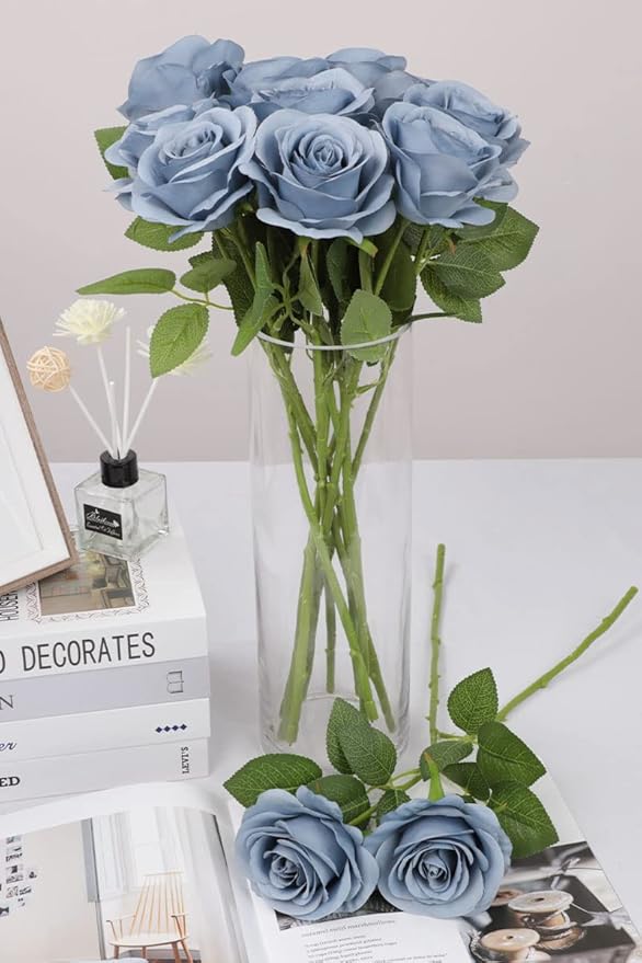 50pcs Roses Artificial Flowers Dusty Blue Silk Roses with Long Stems Fake Flowers for Wedding Bouquet Centerpices Decorations Party Bridal Baby Shower Home Decor