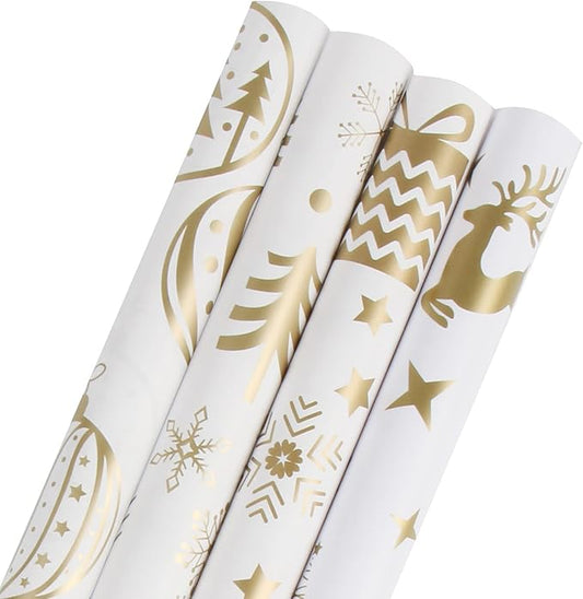 KIMOBER 4 Rolls Christmas Wrapping Paper with Cut Lines on Reverse,Coated Paper with Golden Christmas Elements(30in × 144in Per Roll)