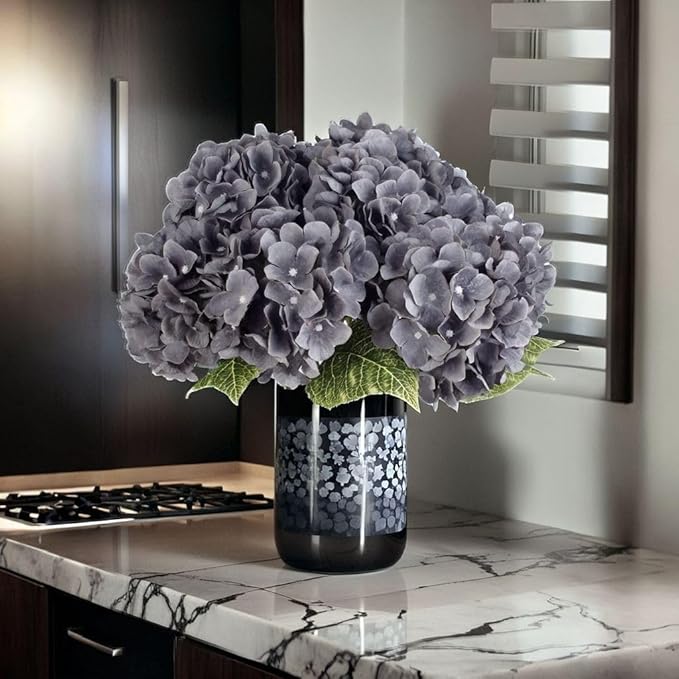 2Bouquets Artificial Fake Flowers Plants Silk Hydrangea Arrangements Wedding Bouquets Decorations Plastic Floral Home Kitchen Garden Party Festival Bar DIY (Gray,5 Flower Heads)