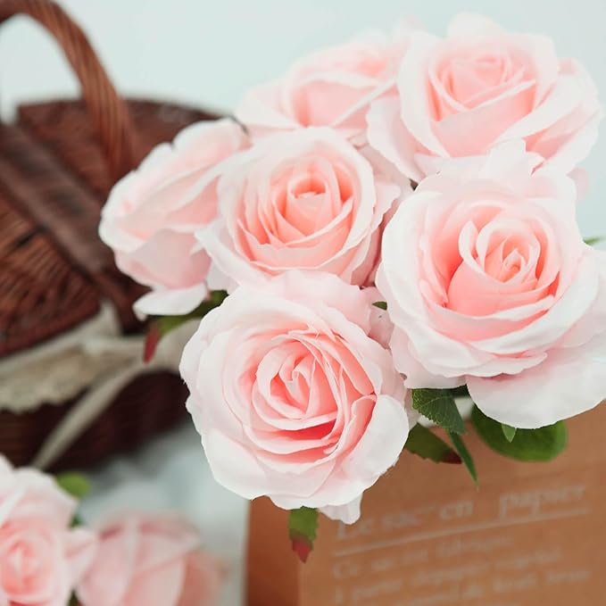 Felice Arts 12 Pack Light Pink Roses Baby Pink Artificial Flowers Silk Flowers with Stems Fake Flowers Bouquet for Wedding Centerpiece Table Vase Home Kitchen Party Valentines Decoration DIY Decor