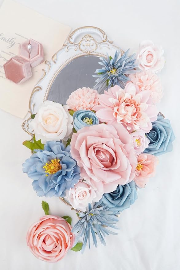 Artificial Flower Combination Box Set Artificial Flower Loose Leaves and Stems DIY Wedding Center Bouquet Bride Wedding Baby Shower（Nostalgia Blue Powder）