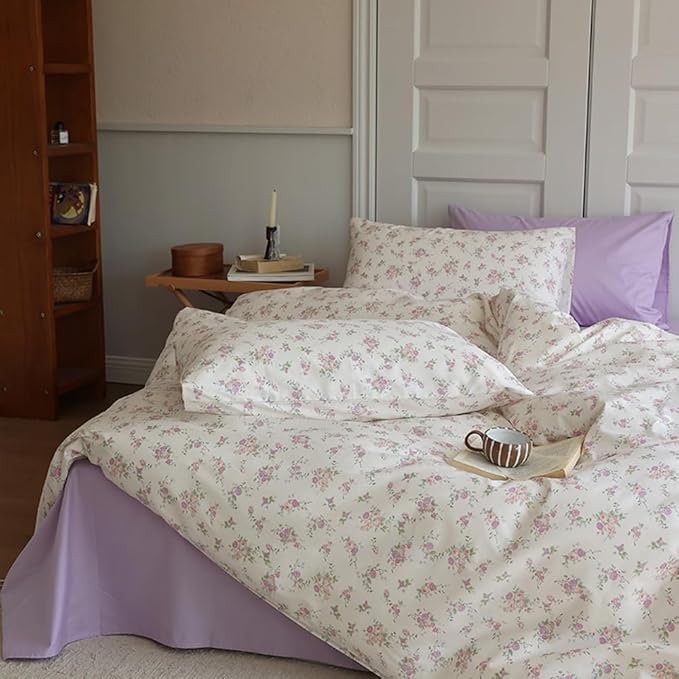 VM VOUGEMARKET Purple Blooming Comforter Set Full 3 Pcs Vintage Pink Flower Down Comforter with 2 Pillowcases All Season Soft & Lightweight Comforter Set for Girls Women 80"x90"