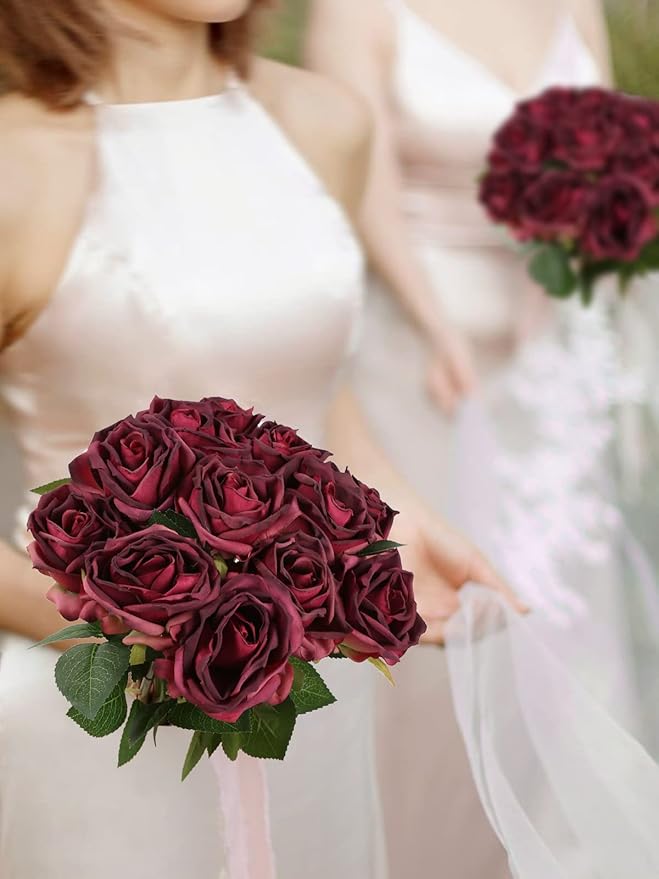 IPOPU Burgundy Roses Artificial Flowers 12PCS Roses Flowers Heads Dried Silk Flowers Burgundy Flowers Artificial for Decorations with Single Stems for Floral Arrangements Wedding Flower