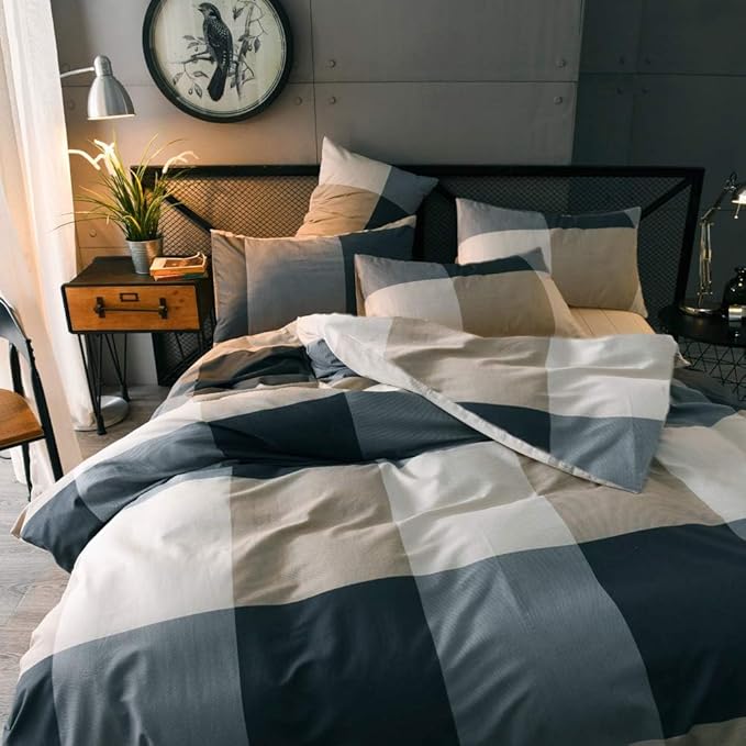 LifeTB California King Comforter Set Modern Style Plaid Checkered Pattern Comforter with 2 Pillow Shams Soft Microfiber Vintage Grid Plaid Bedding Set Lightweight Farmhouse Checked Comforter Set