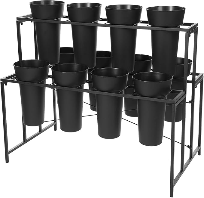 Flower Display Stand with 12 Pcs Buckets 3 Layers Metal Plant Stand Plant Cart Shelf Flower Bucket Rack Stand for Indoor Florist Garden Patio (Black Stand-Black Round Buckets)