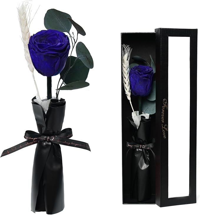Forever Flower, Preserved Rose Birthday Gifts for Women, Her, Wife, Mom, Prime Eternal Roses Gifts for Mothers Day, Valentines Day, Anniversary, Graduation, Wedding, Single Rose Real Rose (Blue)