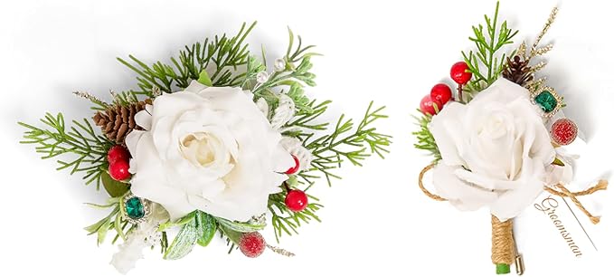 TINGE TIME White Corsage and Boutonniere Set, Prom Flower Wrist Corsage Bracelets, Boutonniere for Men Wedding Flowers Accessories Prom Suit Decorations