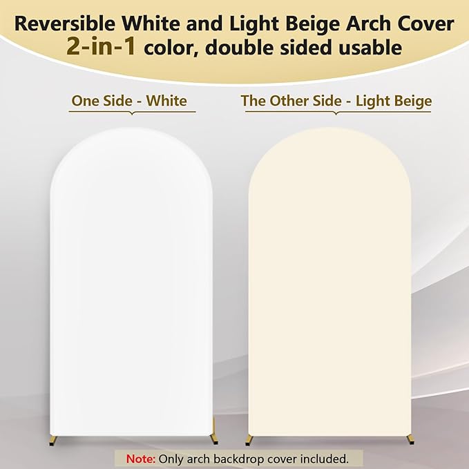 Hemmotop 7.2 ft Arch Backdrop Cover (One Piece Double Color), White and Beige Spandex Arch Stand Covers, Fabric Stretchy Background for Balloon Arches, Wedding, Birthday Party, Baby Shower