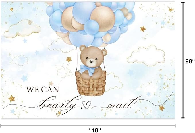 ChloropLastid We Can Bearly Wait Baby Backdrop Boy Bear Hot Air Balloon Baby Shower Photography Background Blue Balloons Clouds Stars Baby Party Cake Photo Decoration 10x8ft