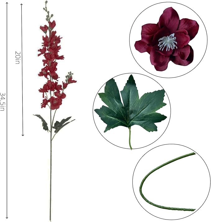 8 pcs Burgundy Delphinium Artificial Flowers, 34.25''Artificial Snapdragon Flowers Tall Fake Flowers Silk Flowers Faux Delphinium Bulk for Tall Vase Home Wedding Garden Table Decor (Burgundy)