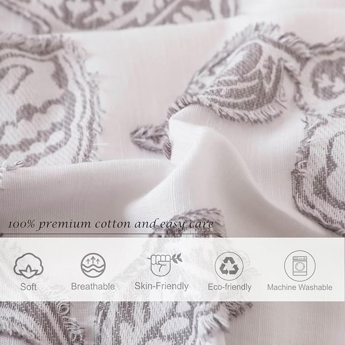 meadow park Cotton Clipped Jacquard Duvet Cover Set Queen, 3 Pieces Jacobean Floral Bedding Set (Grey, Queen)