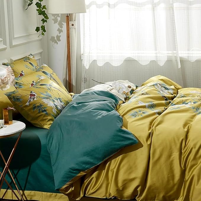 Birds Floral Duvet Cover Set Full Size Flower Bird Pattern Boho Duvet Cover Cotton Vintage Floral Bedding Set Garden Style Gold Yellow Comforter Cover Farmhouse Bedding Cover with 2 Pillowcases