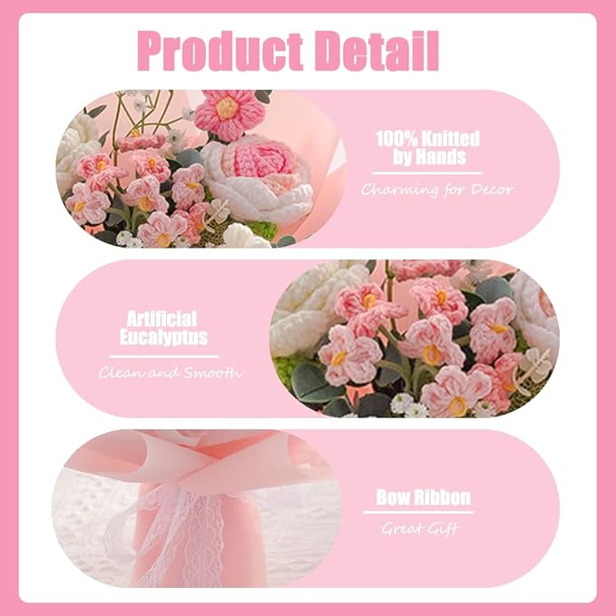 Handmade Crochet Rose Flower Bouquet: Artificial Knitted Rose Gift for Wife Mother Girlfriend for Festival Wedding Graduation Anniversary (Pink)