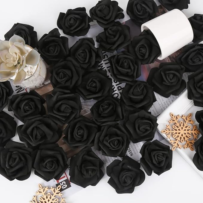 200pcs Black Artificial Foam Rose Flower Head, 3-Inch Fake Flower Heads Stemless Flowers for DIY Crafts,Wedding Bouquets Centerpieces Arrangements Party Baby Shower Home Decor (Black)