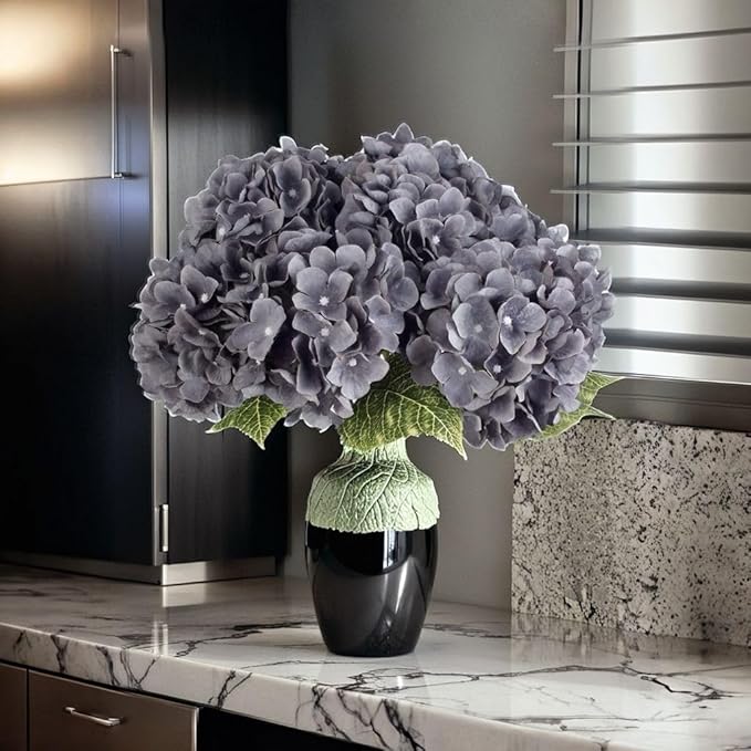 2Bouquets Artificial Fake Flowers Plants Silk Hydrangea Arrangements Wedding Bouquets Decorations Plastic Floral Home Kitchen Garden Party Festival Bar DIY (Gray,5 Flower Heads)