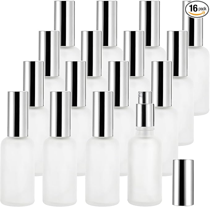 Bekith 16 Pack 50ml Glass Spray Bottles, Frosted Empty Perfume Atomizer, Refillable Fine Mist Spray for Essential Oils, Cleaning Products, Silver Sprayer