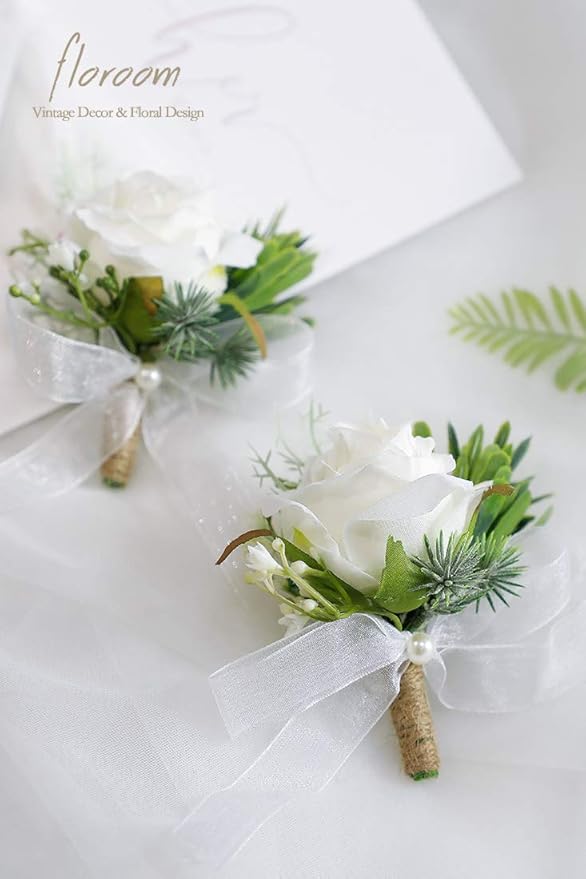 Floroom Set of 6 Ivory Rose Boutonnieres for Best Men Groom Groomsmen White Wedding Prom