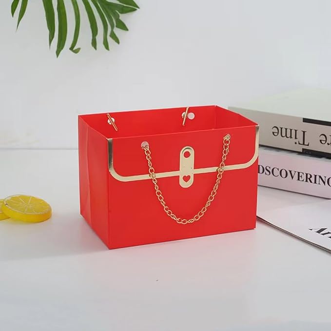LONG XIN SERIES 12pcs Red Paper Flower Bags with Gold Metal Chain Reusable Craft Paper Gift Boxe Portable Flower Rectangular Gift Bags Party Favor for Gift Package (Red)