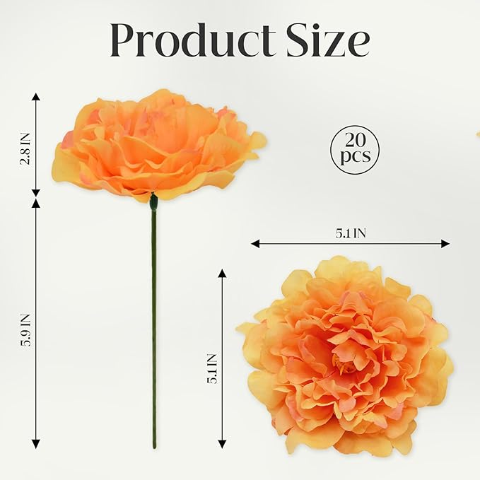 20pcs 5" Artificial Flower Peonies, Silk Peonies with 6" Stems, Flowers Suitable for Wedding Bouquets, Home Party Decoration (Orange)