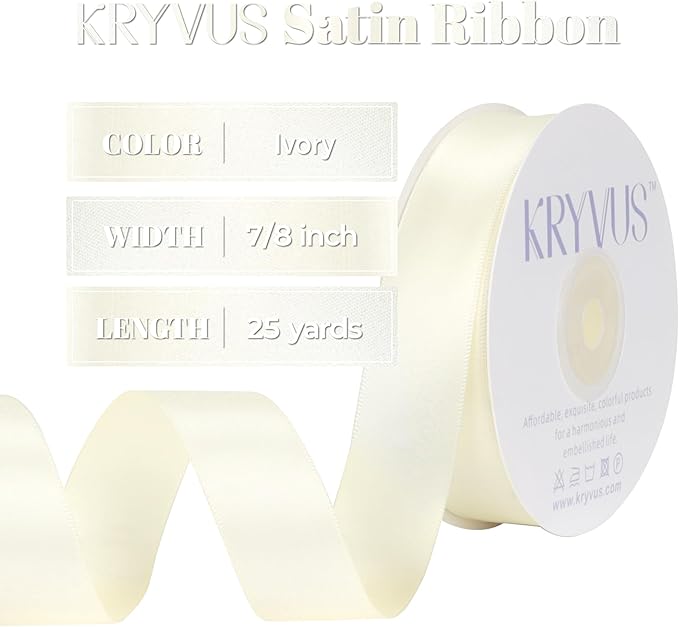 Ivory Satin Ribbon, Double Faced 7/8 Inch X 50 Yards Ivory Ribbon, Premium Satin Ribbon for Gift Wrapping, Crafts, Hair Bow Making, Sewing, Flower Bouquet, Wedding Party Decor