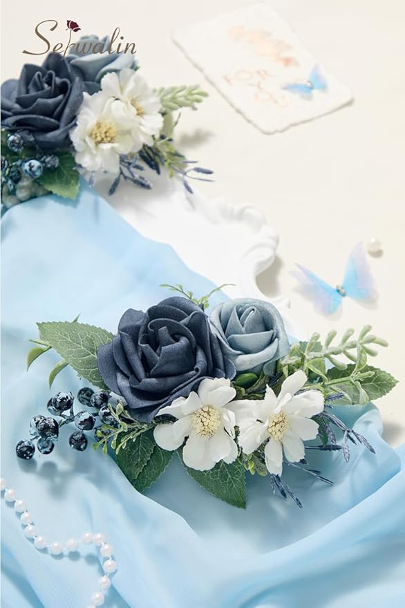 Serwalin Dusty Blue Corsage and Boutonniere Set 2pcs, 6-7inch Boutonniere and Wrist Corsage Wristband Prom Flower Wedding Flowers Accessories Prom Suit Decorations Cake Tppper