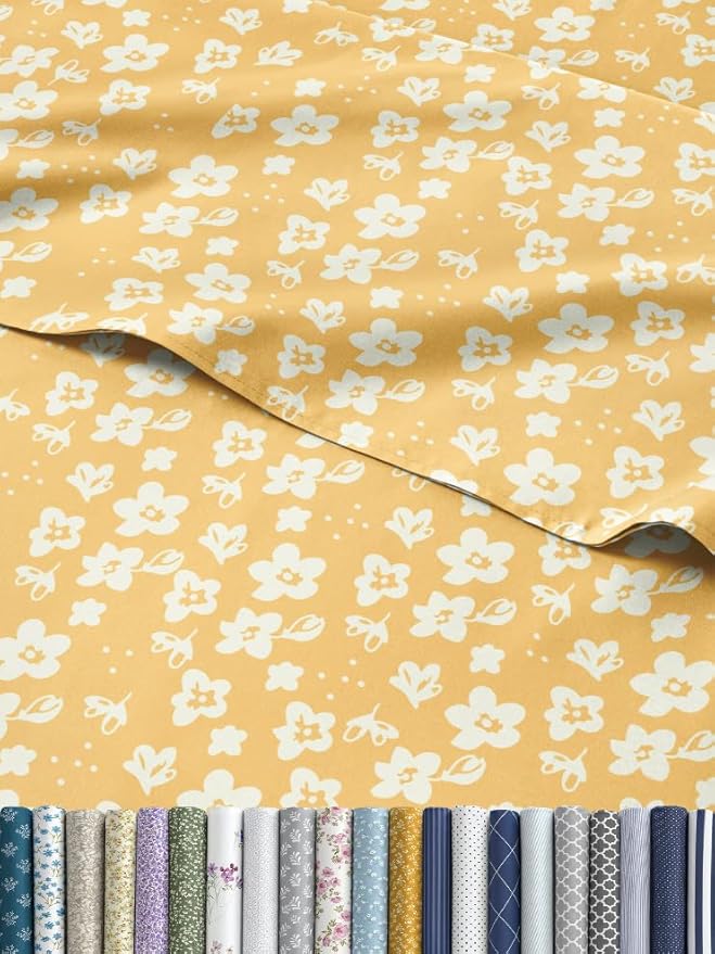 Floral Sheets - Yellow Floral Bed Sheet Set - 1 Flat, 1 Fitted & 2 Pillowcases w/ Deep Pockets - Wrinkle & Fade Free - Boho Botanical Bedding - Ultra-Soft, Breathable and Cooling - Cal King Size Set