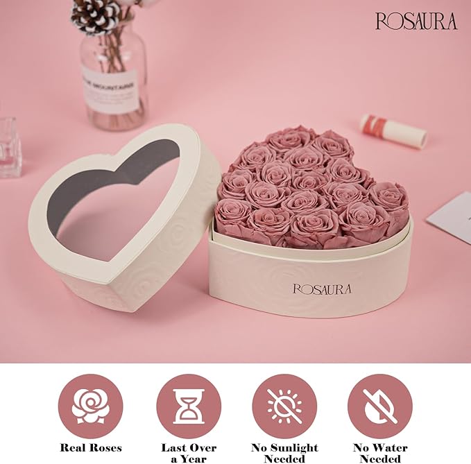 Rosaura Heart-Shaped Preserved Roses Gift Box - Real Forever Flowers for Birthday, Valentine's & Mother's Day (Cappuccino, 16 roses)
