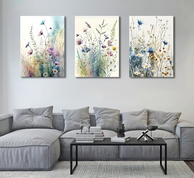 dgbtcart Colorful Flower Canvas Wall Art Set, Watercolor Daisy Floral Wall Decor, Wildflower Plant Wall Painting, Multicolour Botanical Art Print for Living Room Girls Bedroom Bathroom - 16"x24"x3pcs