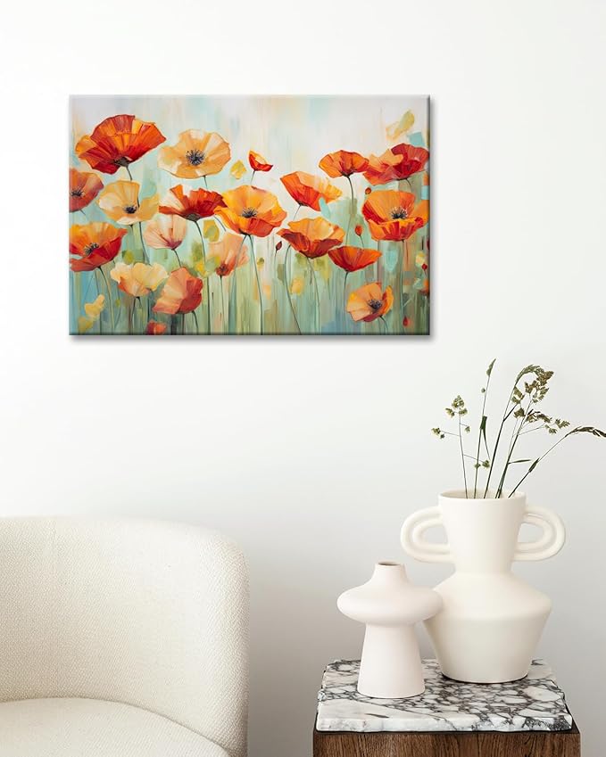 GLOKAKA Vibrant Poppies Wall Art Floral Red and Orange Watercolor Poppy Flower Painting Print Canvas Artwork For Living Room Bathroom Dinning Room Decor (Vibrant Poppies, 18"x12")