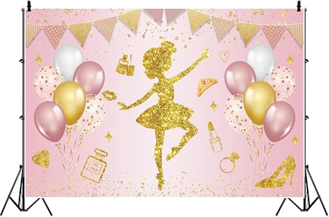 Renaiss 9x6ft Ballerina Princess Backdrop Pink Gold Shiny Elegant Fairy Ballet Dancer Photography Background for Girl Baby Shower Birthday Party Decor Banner Photo Studio Props