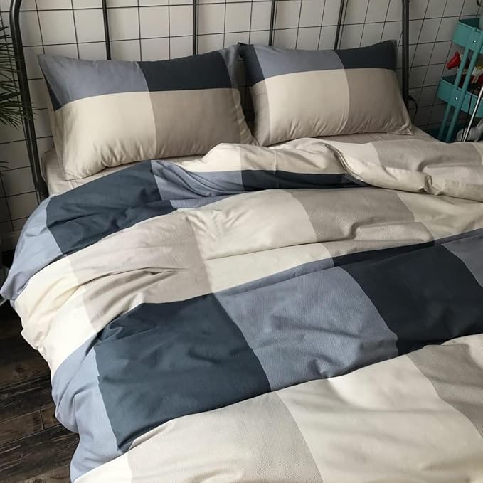 LifeTB California King Comforter Set Modern Style Plaid Checkered Pattern Comforter with 2 Pillow Shams Soft Microfiber Vintage Grid Plaid Bedding Set Lightweight Farmhouse Checked Comforter Set