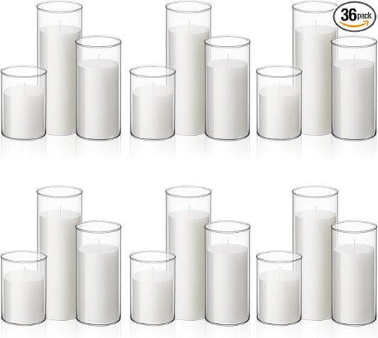 Shihanee 36 Pcs Pillar Candles with Glass Cylinder Vases Tall Hurricane Candle Holders Cylinder Vases for Centerpieces Wedding Party Decor, Total 18 Sets(Clear,White)