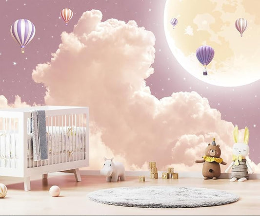 WFBHUA-Pink and Purple Cloud Wallpaper Mural Peel and Stick Moon Hot Air Balloon Self Adhesive Mural for Girl's Room 82"x57"