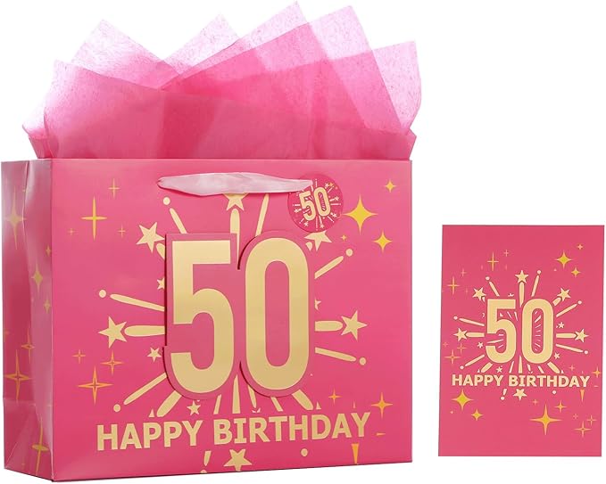 Bloomwords 50th Birthday Gift Bag Set with Card & Tissue – 13" Elegant Keepsake Party Bags for Unisex Anniversaries, Gift Wrapping & Celebrations(Pink)