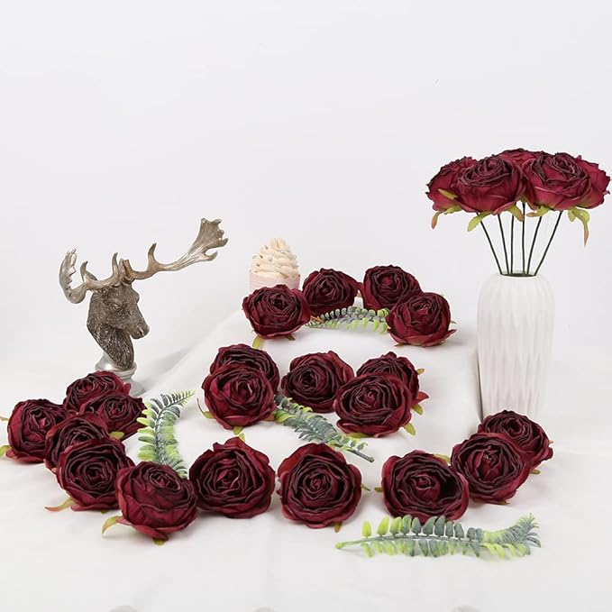 IPOPU Burgundy Artificial Flowers Roses Heads, 25pcs Fake Dried Roses Flowers Artificial for Decoration for Dried Floral Bouquet Bridal Party Centerpieces Bridal Bouquets for Wedding (Burgundy)