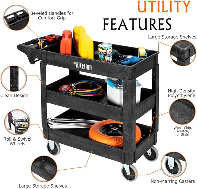 TUFFIOM Plastic Service Utility Cart, Support 550lbs Capacity Ergonomic Handle, Heavy Duty Tub Storage Cart W/Deep Shelves, Multipurpose Rolling 2-Tier Mobile Storage Organizer, for Warehouse Garage