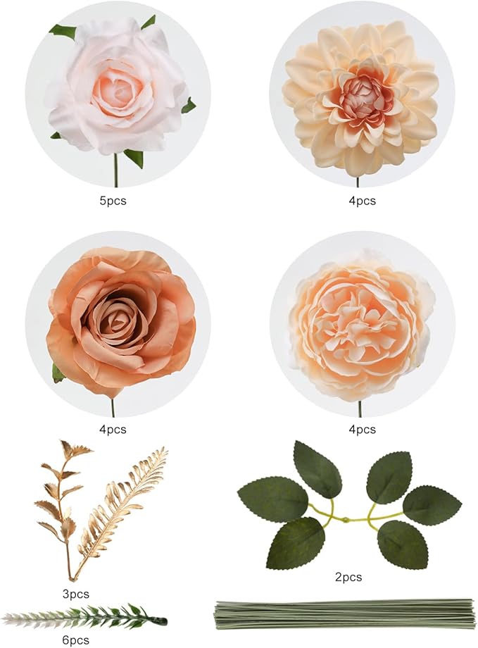 Senseya Artificial Flowers Combo, Nude Color Silk Roses, Peonies, Dahlias with Stems for DIY Wedding Bouquets, Baby Shower, Table Centerpieces, Home Decor, Fake Floral Arrangements, Party Decorations