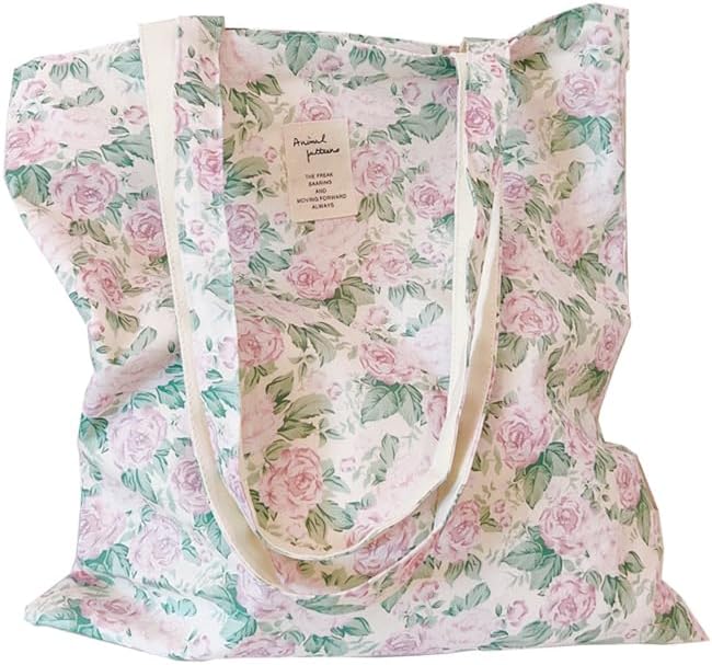 Cotton Canvas Tote Bag Reusable Soft Grocery Cloth Bag Floral Shoulder Bag for Beach Travel Shopping