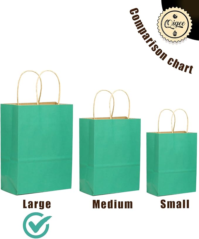 qiqee Large Kraft Paper Bags with Handles 13"x10"x5" 32 pcs Gift Paper Bag Mint Green Solid Color Bags（Large Size）