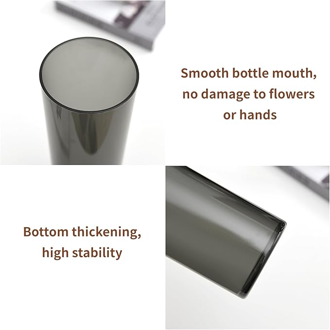 Flower Vase, Non-breakable Vases, 6" W x 6" H, Acrylic Grey Vase, Aesthetic Room Decor Cylindrical Modern Flower Vases for Table Centerpiece, Home Decor, Women Floral Arrangement Gift