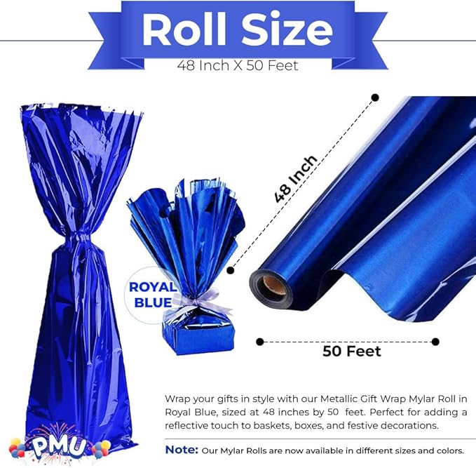 PMU Gift Wrap Mylar Roll Metallic Royal Blue 2-sided, 48 Inches X 50 Ft Roll 1.4 Mil Highly Reflective Mylar Film, Great for Gifts, Birthdays, Christmas, Baskets, Arts & Crafts