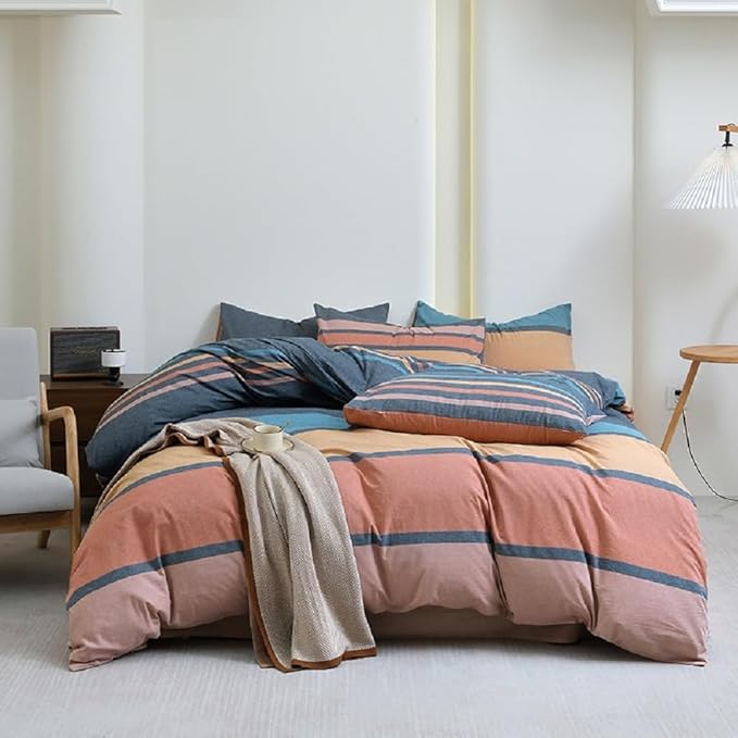 LifeTB Striped Comforter Set Queen Size Multi-Colored Stripes Pattern Comforter Fluffy Bed Set 3 Pieces Lightweight Bedding Comforter Modern Soft Patchwork Stripe Comforter Set with 2 Pillowcases
