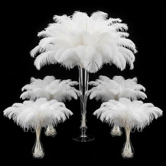 Lamar 100 Pcs White Ostrich Feathers 14-16'' 12-14'' 10-12'' 8-10'' Bulk for Wedding Centerpieces, Event Decor, Floral Arrangement, Home Decor (White)