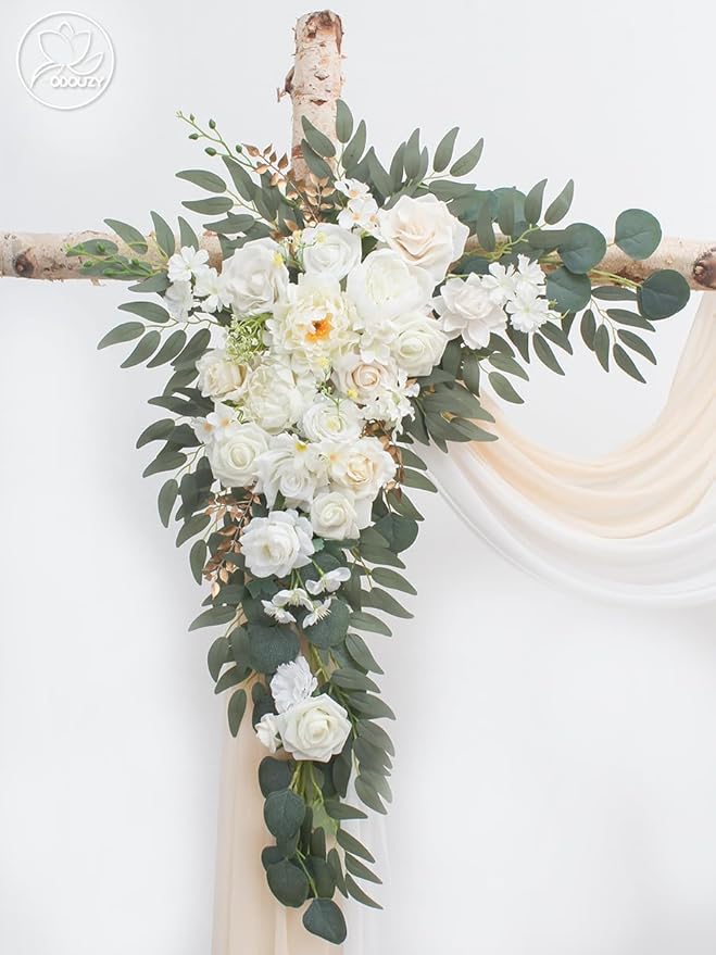 Wedding Arch, Artificial Flowers, Wedding Decor with Drapes (Set of 4)，Be Suited to Banquet, Party, Wedding Decor Ceremony and Background Decoration (White)