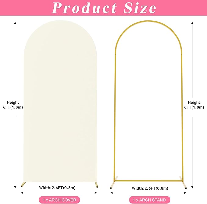 Putros 6ft Metal Arch Stand with Cover Ivory Spandex Fitted Wedding Arch Cover and Round Top Chiara Backdrop Stand Set for Birthday Party Baby Shower Decoration