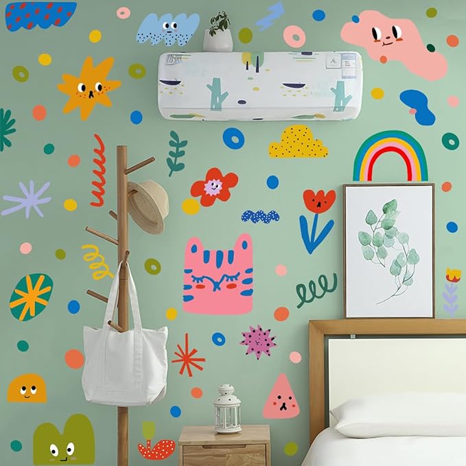 Colorful Abstract Shape Wall Stickers, Lovely Smile Clouds Rainbow Irregular Dots Vinyl Wall Decals, Removable Geometry Shape DIY Wall Art for Classroom Kindergarten Playroom Decor