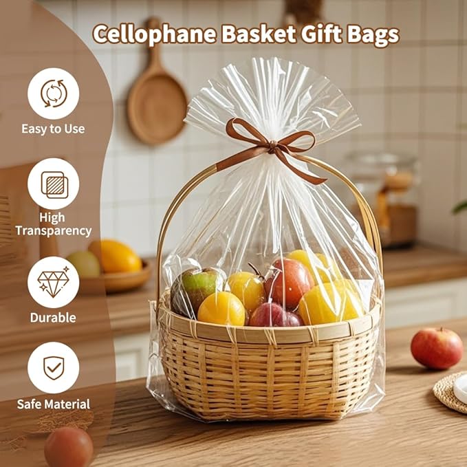 STPIYFZU 10PCS Large Cellophane Bags 30x40 Inch Christmas Clear Cellophane Wrap for Gift Baskets, 2.5 Mil Thick Clear Plastic Gift Bags for Christmas Birthday Baby Shower Wedding Raffles Party Favors