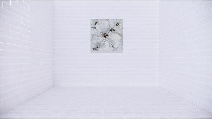 SYGALLERIER Abstract Flower Wall Art - Gray and White Floral Oil Painting with Gold Foil Embellishments - Handmade Canvas Wall Art 40x40 Inch