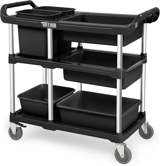 TUFFIOM 3-Tier Plastic Service Storage Utility Cart with Wheels, Heavy Duty Multi-Function Mobile Shelving Unit Organizer, Ideal for Restaurant, Foodservice, Office, Warehouse, Black